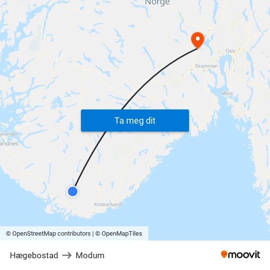 Hægebostad to Modum map