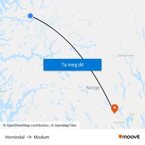 Hornindal to Modum map