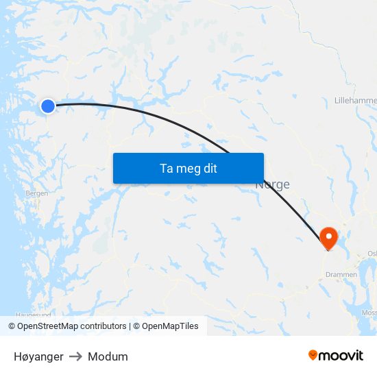 Høyanger to Modum map