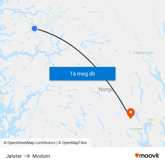 Jølster to Modum map