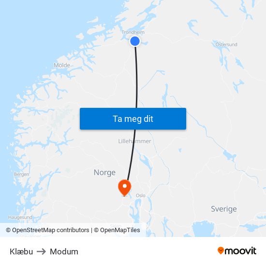 Klæbu to Modum map