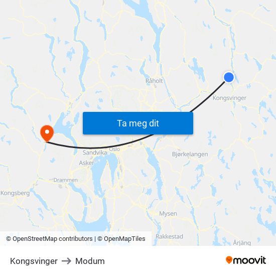 Kongsvinger to Modum map