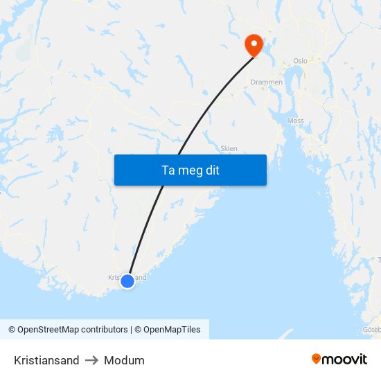 Kristiansand to Modum map