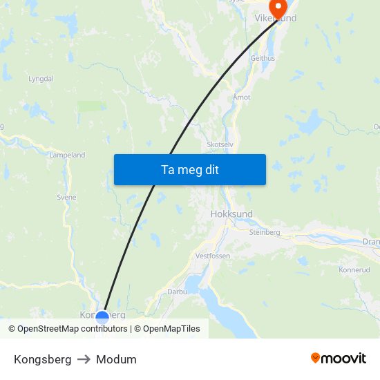 Kongsberg to Modum map