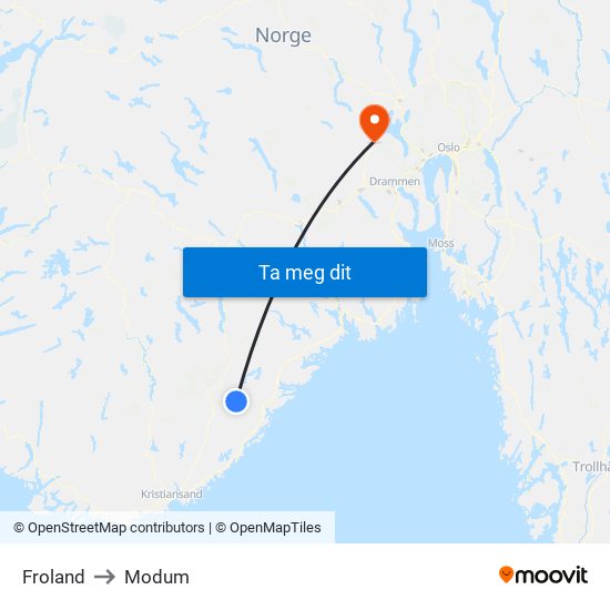 Froland to Modum map