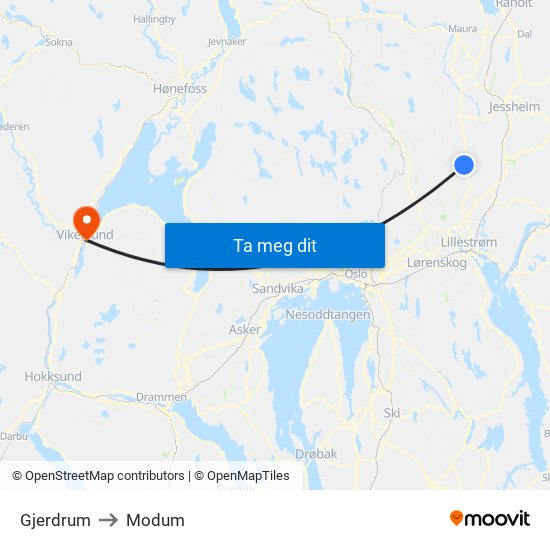 Gjerdrum to Modum map