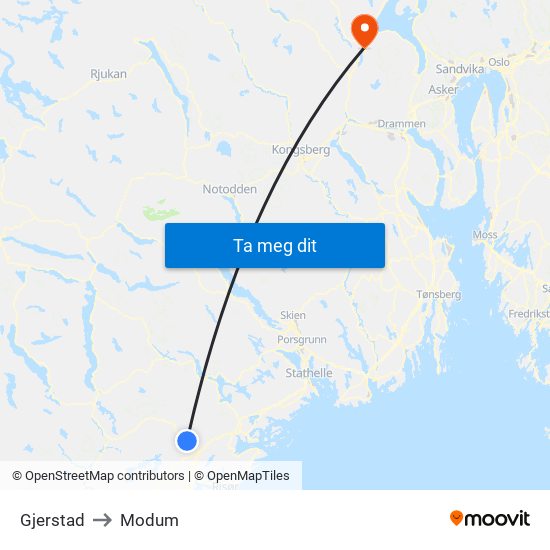 Gjerstad to Modum map