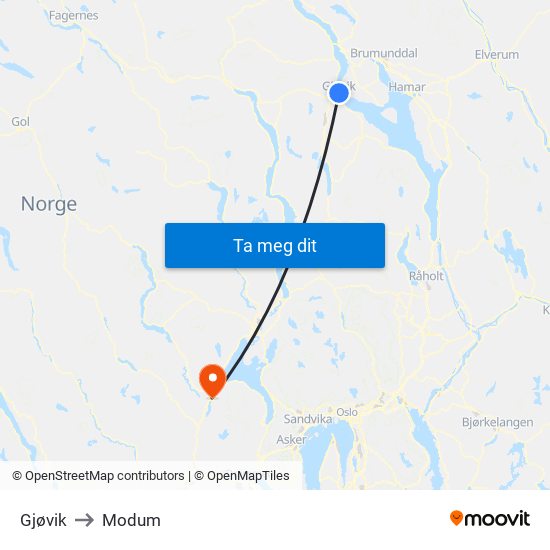 Gjøvik to Modum map