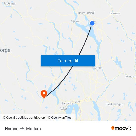 Hamar to Modum map