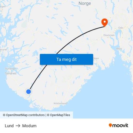 Lund to Modum map