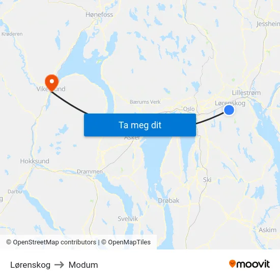 Lørenskog to Modum map