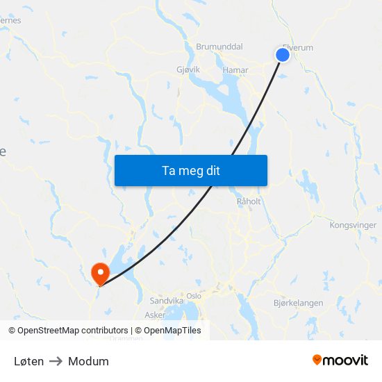 Løten to Modum map