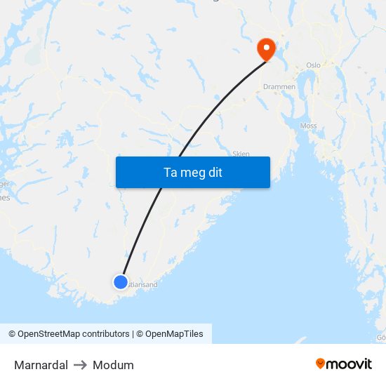 Marnardal to Modum map