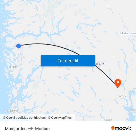 Masfjorden to Modum map