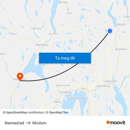 Nannestad to Modum map