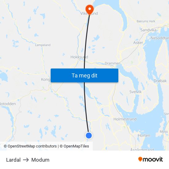 Lardal to Modum map