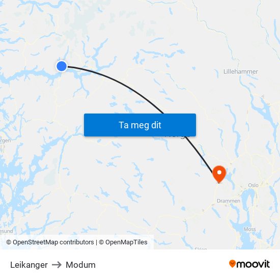 Leikanger to Modum map