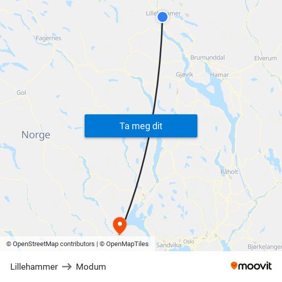 Lillehammer to Modum map
