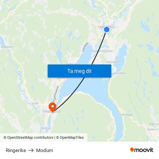 Ringerike to Modum map