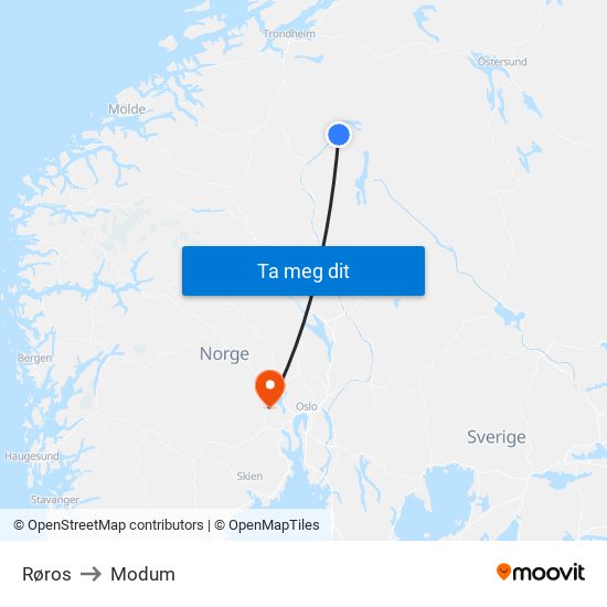 Røros to Modum map