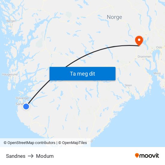 Sandnes to Modum map