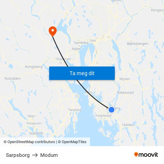 Sarpsborg to Modum map