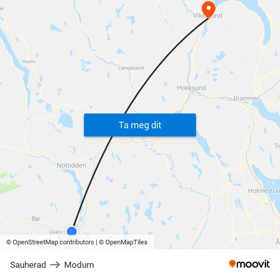 Sauherad to Modum map