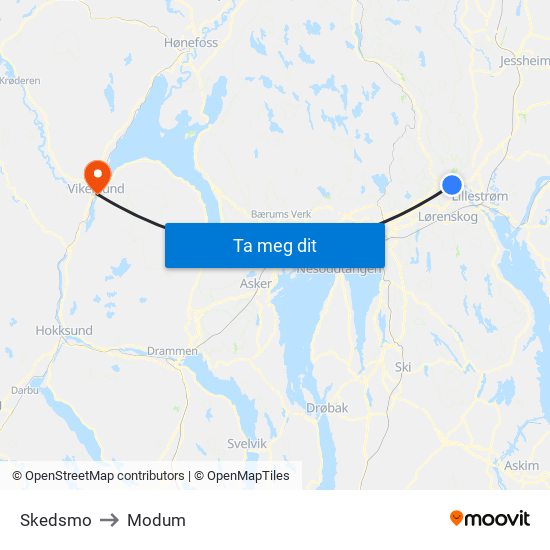Skedsmo to Modum map