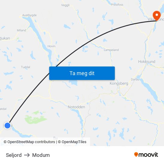 Seljord to Modum map