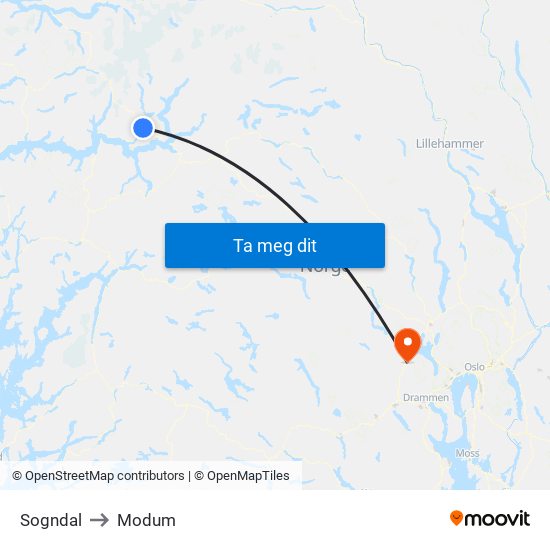 Sogndal to Modum map