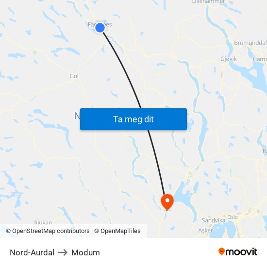 Nord-Aurdal to Modum map