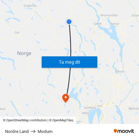 Nordre Land to Modum map