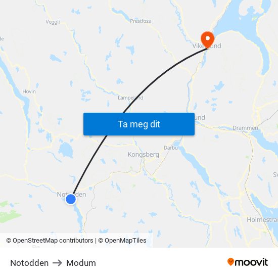 Notodden to Modum map