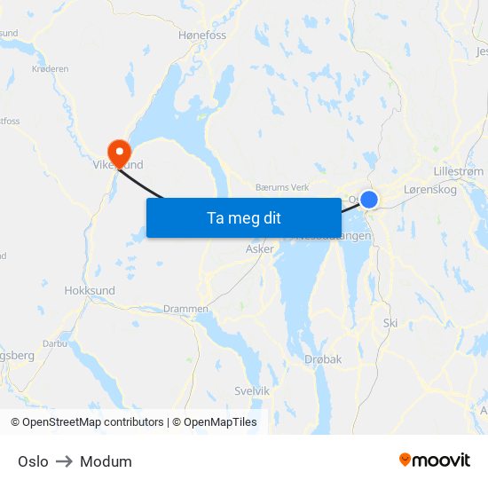 Oslo to Modum map