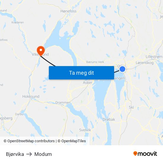 Bjørvika to Modum map