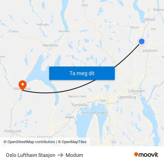 Oslo Lufthavn Stasjon to Modum map