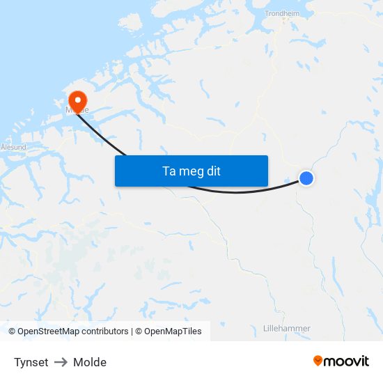 Tynset to Molde map