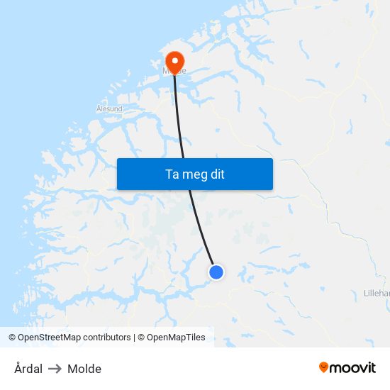 Årdal to Molde map