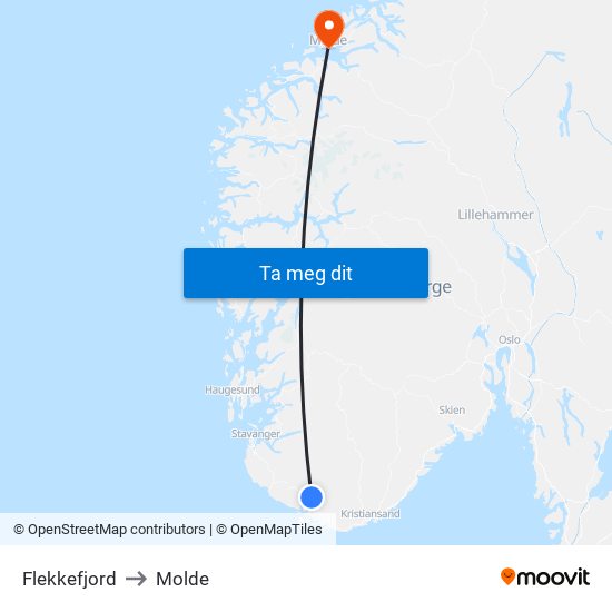 Flekkefjord to Molde map