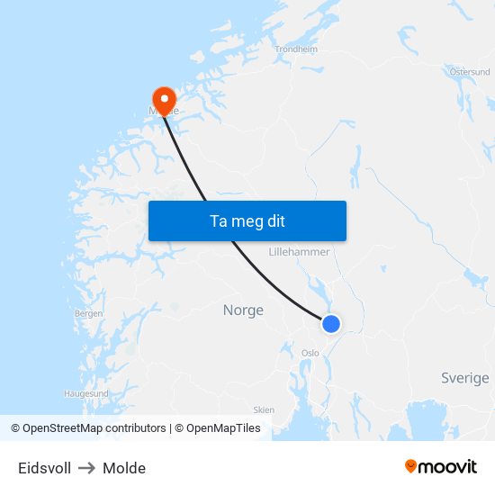 Eidsvoll to Molde map