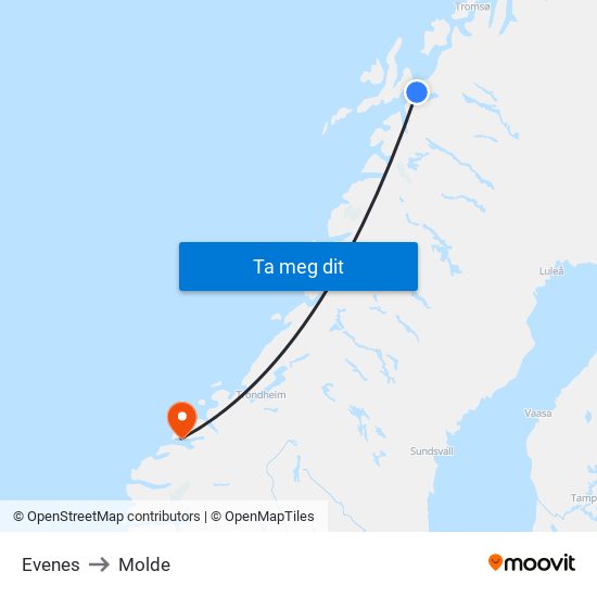 Evenes to Molde map