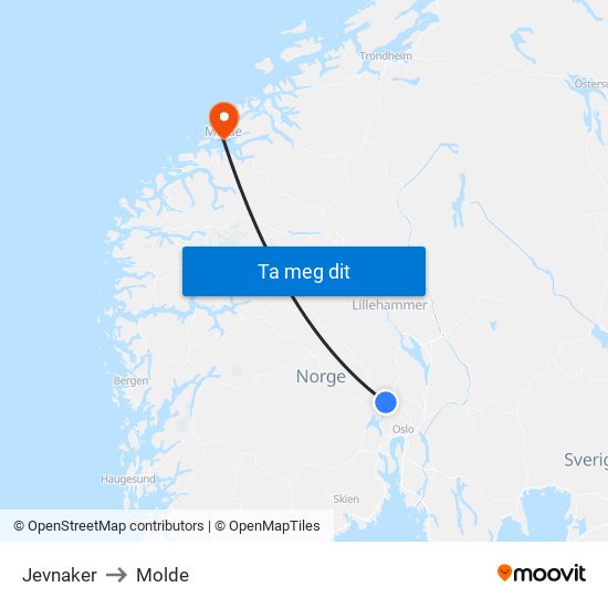 Jevnaker to Molde map