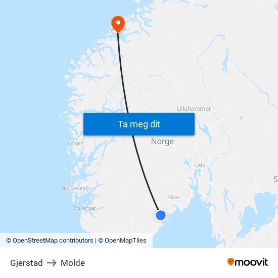 Gjerstad to Molde map