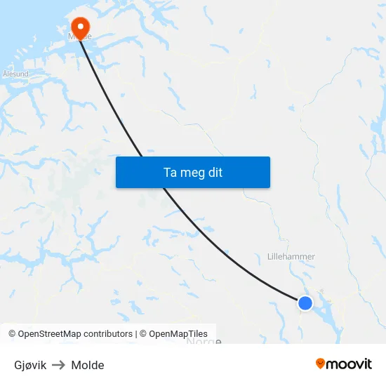 Gjøvik to Molde map