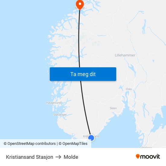 Kristiansand Stasjon to Molde map
