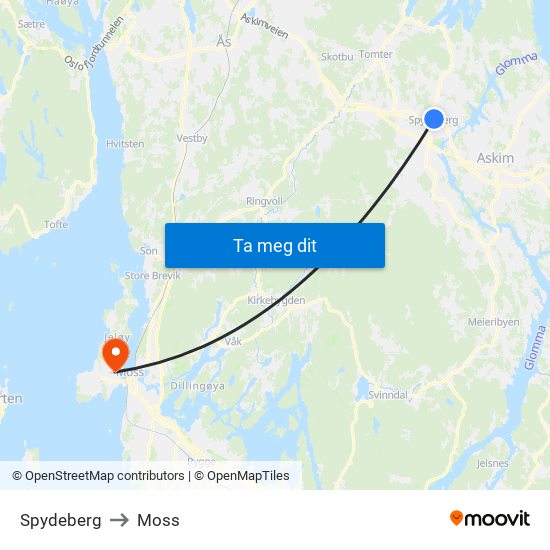 Spydeberg to Moss map