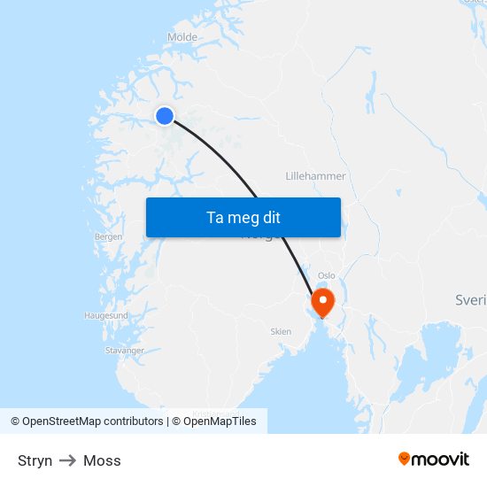 Stryn to Moss map