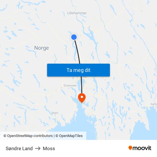 Søndre Land to Moss map