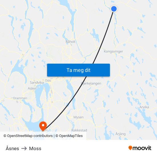 Åsnes to Moss map