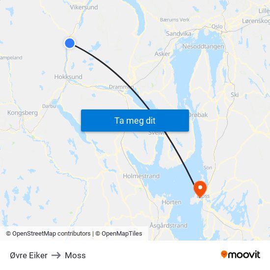 Øvre Eiker to Moss map